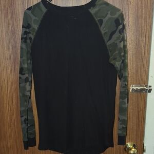 Kids Long Sleeve Raglan Tee - Black with Camouflage Sleeves